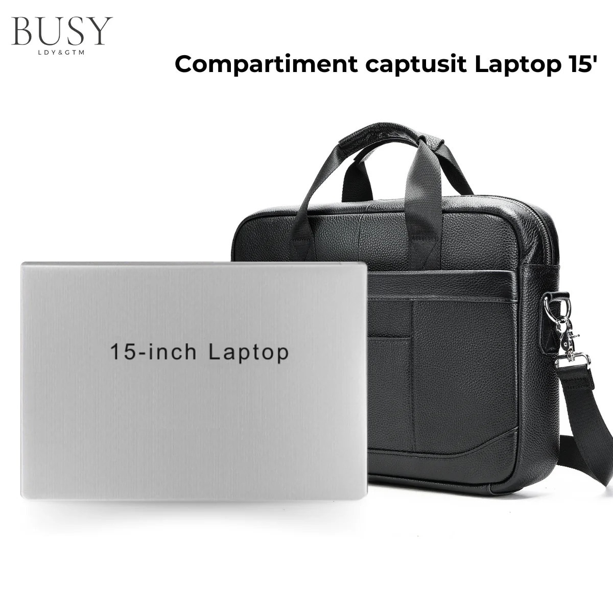 Geanta laptop 15 inch din piele naturala, BUSY LDY&GTM® Profu', de umar, de mana, negru