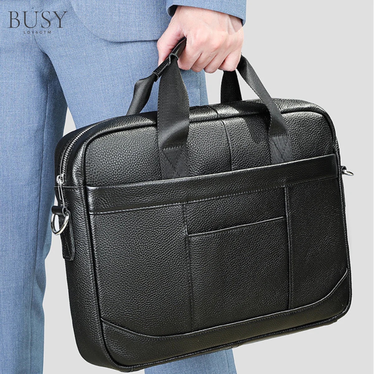 Geanta laptop 15 inch din piele naturala, BUSY LDY&GTM® Profu', de umar, de mana, negru