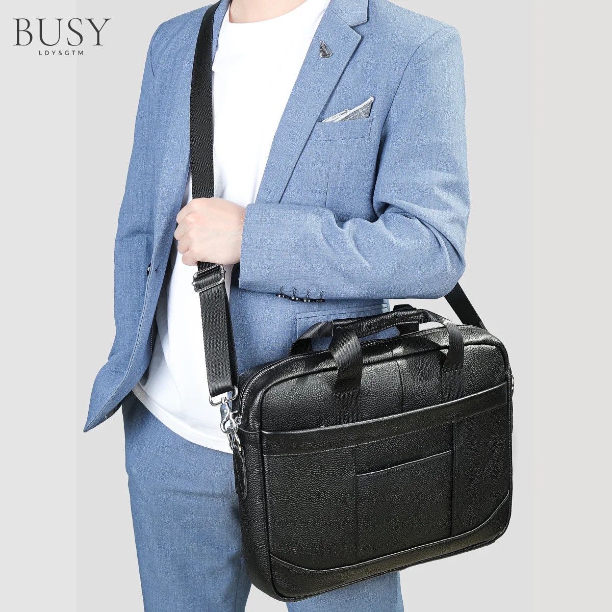 Geanta laptop 15 inch din piele naturala, BUSY LDY&GTM® Profu', de umar, de mana, negru