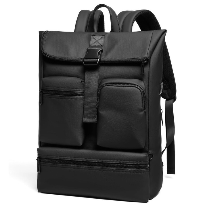 Rucsac laptop 15.6", smart casual, design pelerin, impermeabil, expandabil, cu port USB, GETICS, 32x13.5x43/50 cm, Negru