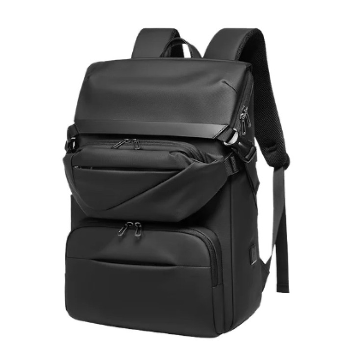 Rucsac laptop 15.6", business casual, design pelerin, impermeabil, cu port USB, 30.5x14x46 cm, borseta atasata, 33x6x11 cm, GETICS, Negru