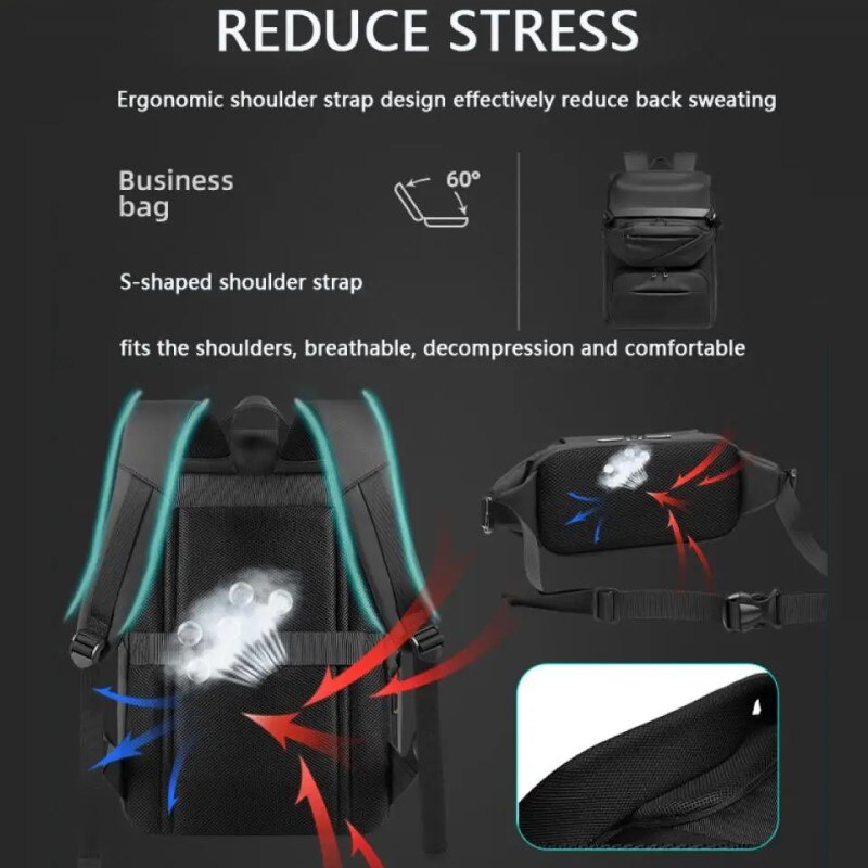 Rucsac laptop 15.6", business casual, design pelerin, impermeabil, cu port USB, 30.5x14x46 cm, borseta atasata, 33x6x11 cm, GETICS, Negru