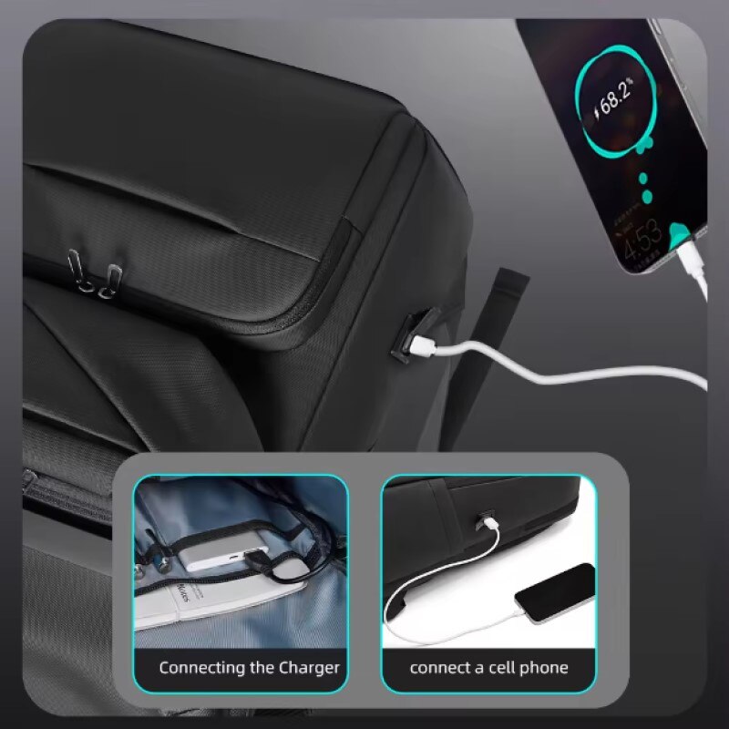 Rucsac laptop 15.6", business casual, design pelerin, impermeabil, cu port USB, 30.5x14x46 cm, borseta atasata, 33x6x11 cm, GETICS, Negru