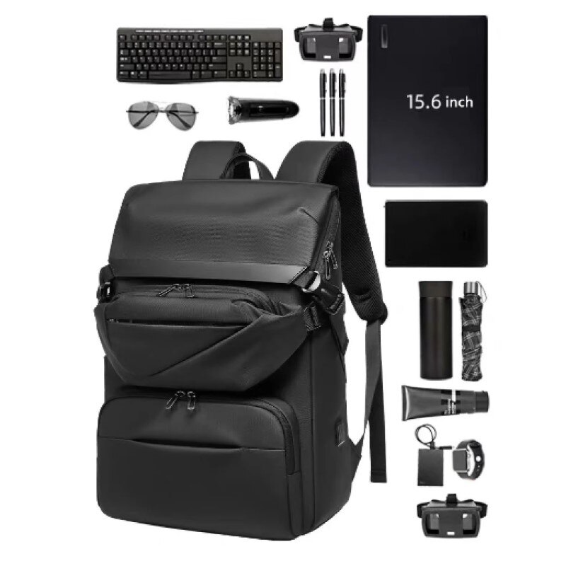 Rucsac laptop 15.6", business casual, design pelerin, impermeabil, cu port USB, 30.5x14x46 cm, borseta atasata, 33x6x11 cm, GETICS, Negru