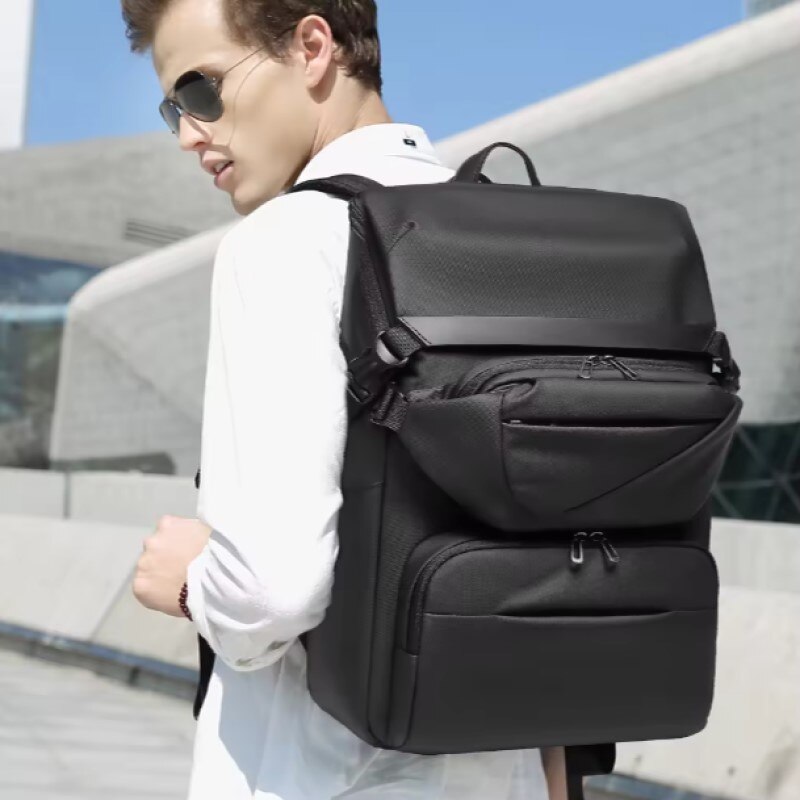 Rucsac laptop 15.6", business casual, design pelerin, impermeabil, cu port USB, 30.5x14x46 cm, borseta atasata, 33x6x11 cm, GETICS, Negru