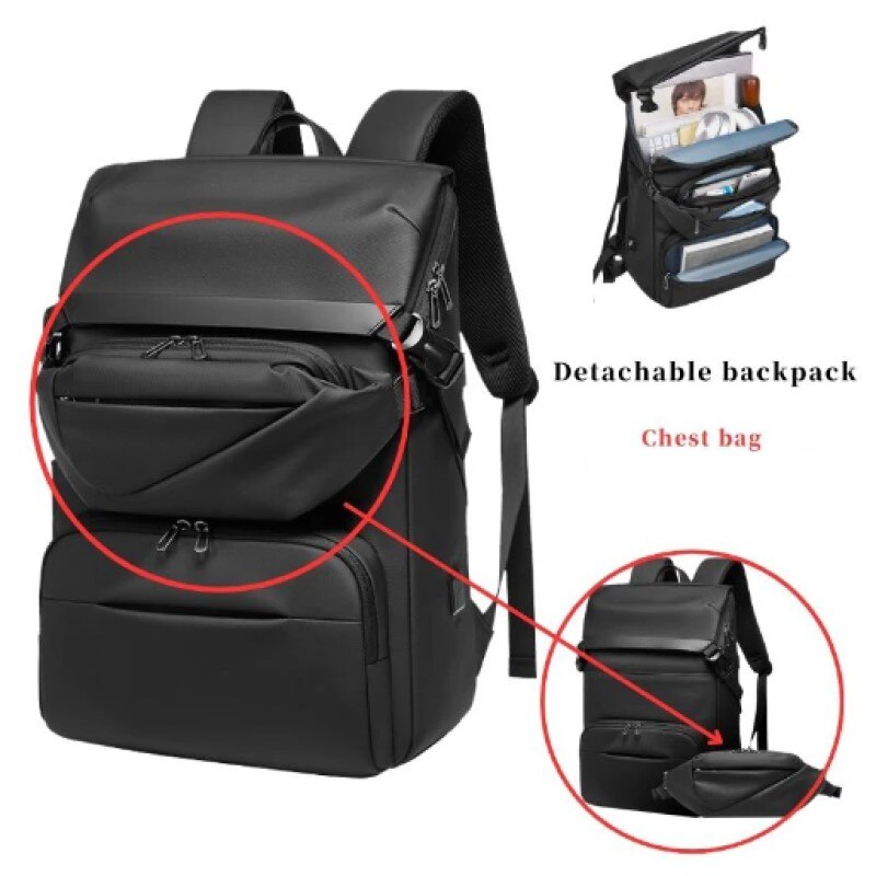 Rucsac laptop 15.6", business casual, design pelerin, impermeabil, cu port USB, 30.5x14x46 cm, borseta atasata, 33x6x11 cm, GETICS, Negru