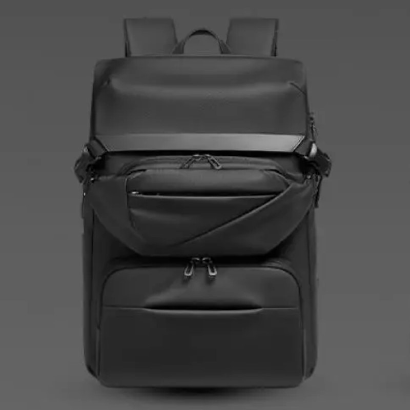 Rucsac laptop 15.6", business casual, design pelerin, impermeabil, cu port USB, 30.5x14x46 cm, borseta atasata, 33x6x11 cm, GETICS, Negru