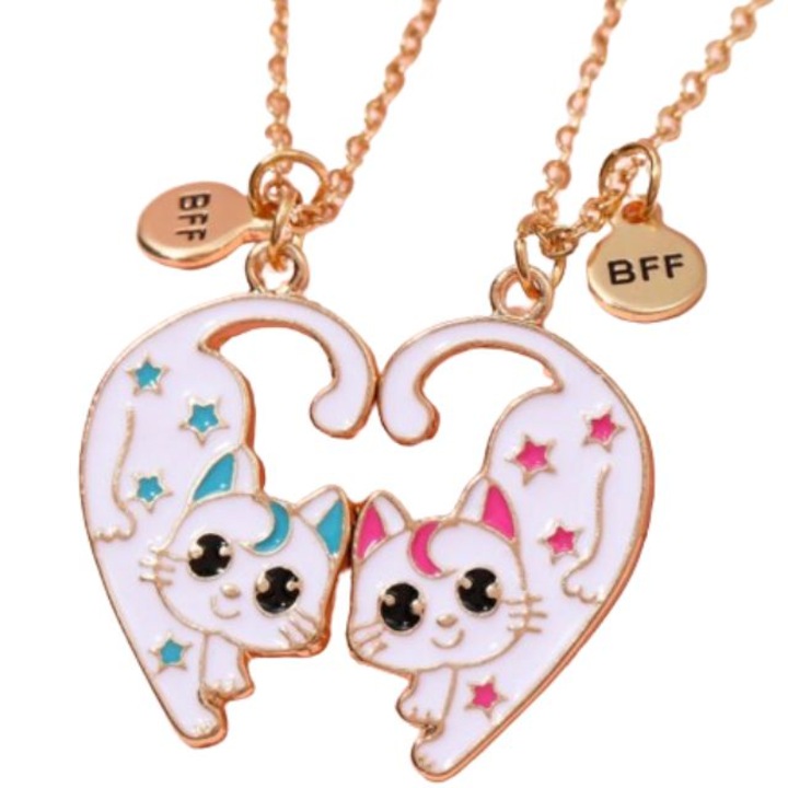 Set 2 Lanturi Best Friend, Cu Pandantiv Pisicute, Cat BFF, Luna, 45 cm