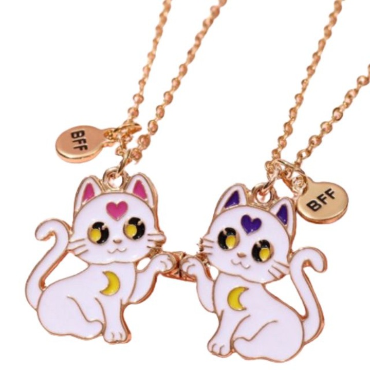 Set 2 Lanturi Best Friend, Cu Pandantiv Pisicute, Cat BFF, Inima, 45 cm