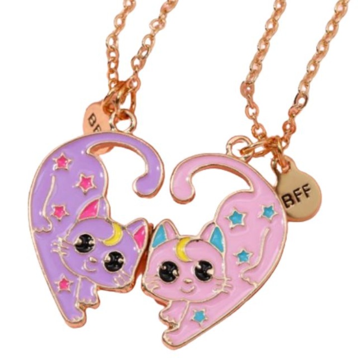 Set 2 Lanturi Best Friend, Cu Pandantiv Pisicuta, Cat BFF, Luna. 45 cm