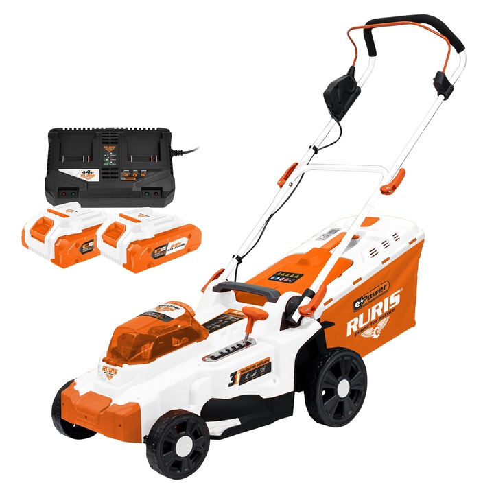 Акумулаторна косачка за трева Ruris RXI3744e Power Alfa UP, 2 X 20 V, Ширина на косене 37 см, Височина на косене 25 - 75 мм, Безчетков мотор, Функция за мулчиране, Чанта за събиране 35 л, Включва: зарядно + батерия 20 V 4,0 Ah