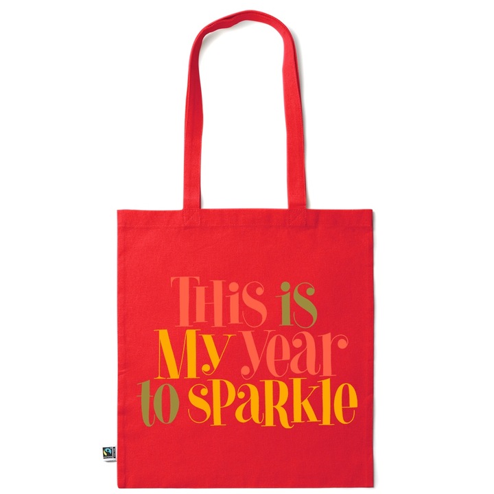 Go For It Shopper fazonú pamut táska mintával, My Year to Sparkle, 38×42cm, Piros grenadine, R-KI282