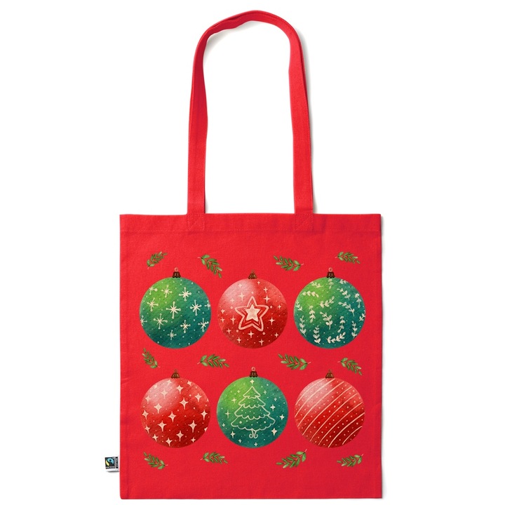 Intelli® Sacosa памучна Еко пазарска чанта с дълги дръжки, Коледни орнаменти, 38×42cm, Тъмно червен, R-KI281