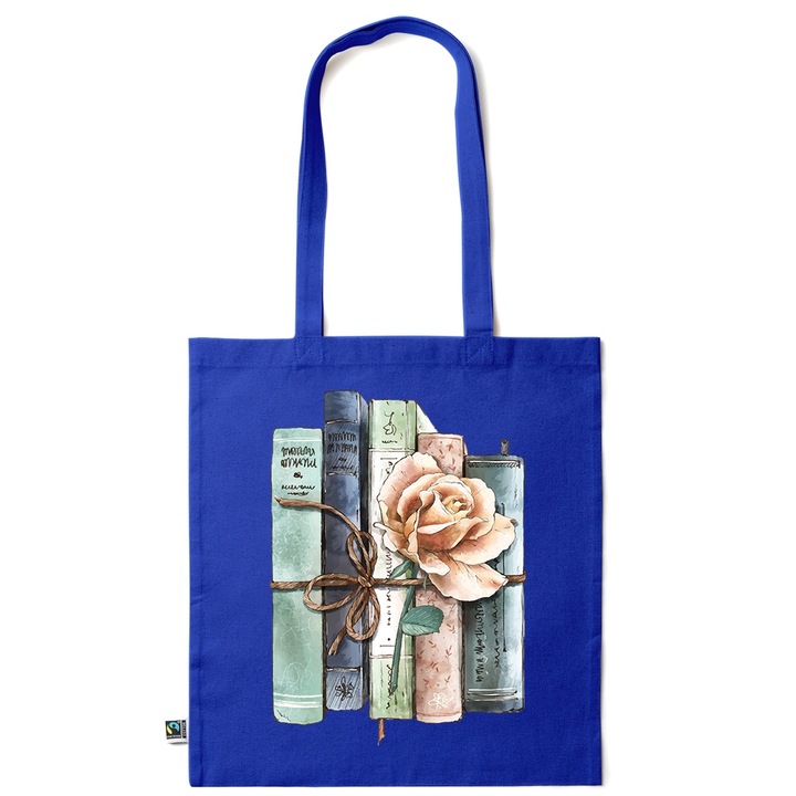 Go For It Shopper fazonú pamut táska mintával, Flowers Collection, Old Book With A Rose, 38x42cm, Sötétkék, AB-KI10