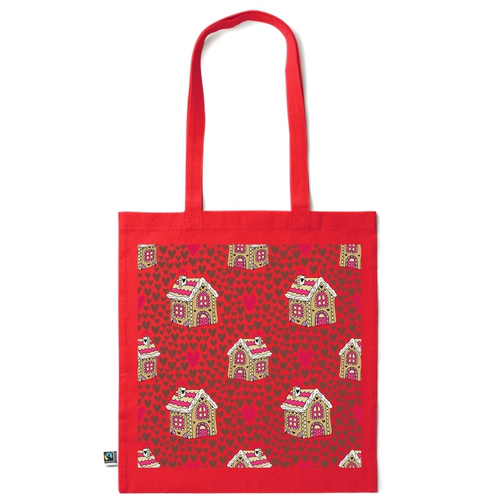 Go For It Shopper fazonú pamut táska mintával, Winter Pattern, 38×42cm, Piros grenadine, R-KI289