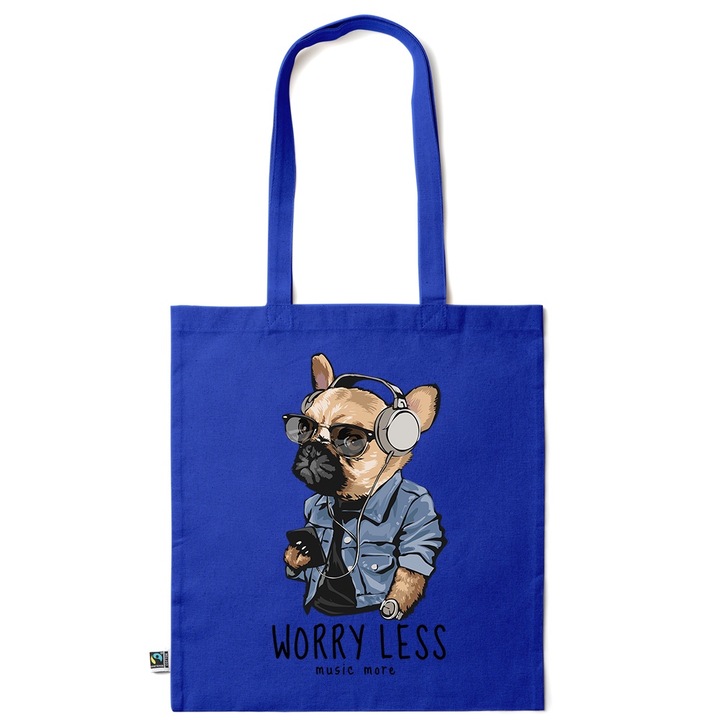 Go For It Shopper fazonú pamut táska mintával, Worry Less, 38×42cm, Sötétkék, AB-KI73