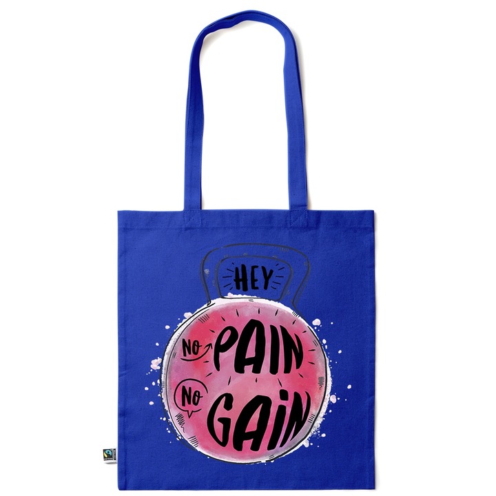 Go For It Shopper fazonú pamut táska mintával, No Pain No Gain, 38×42cm, Sötétkék, AB-KI43