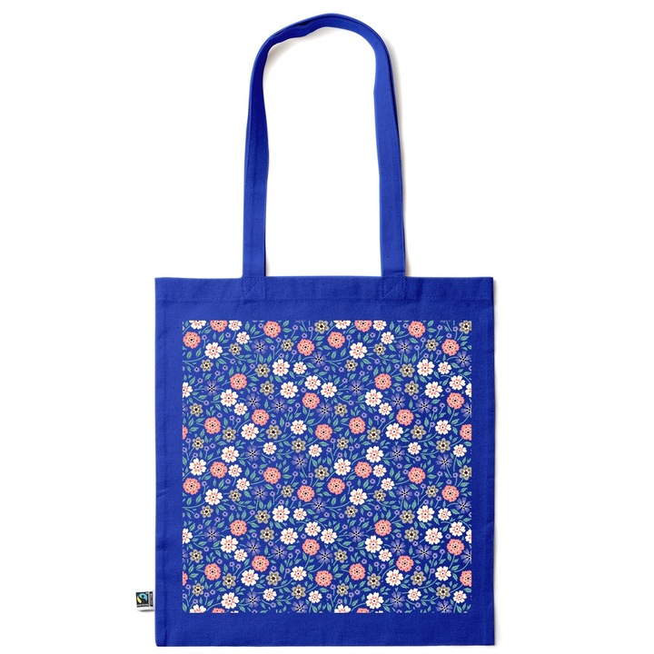 Go For It Shopper fazonú pamut táska mintával, Flowers Collection, Flowers Pattern, 38x42cm, Sötétkék, AB-KI63