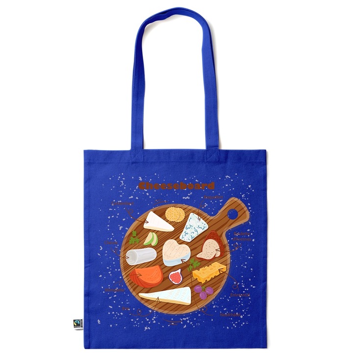 Intelli® Sacosa памучна Еко-приятелска чанта за пазаруване с дълги дръжки, Дъска за сирене, 38×42см, Тъмно синьо, AB-KI103