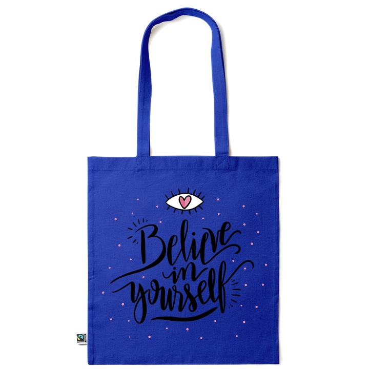Go For It Shopper fazonú pamut táska mintával, Believe in yourself, 38×42cm, Sötétkék, AB-KI119