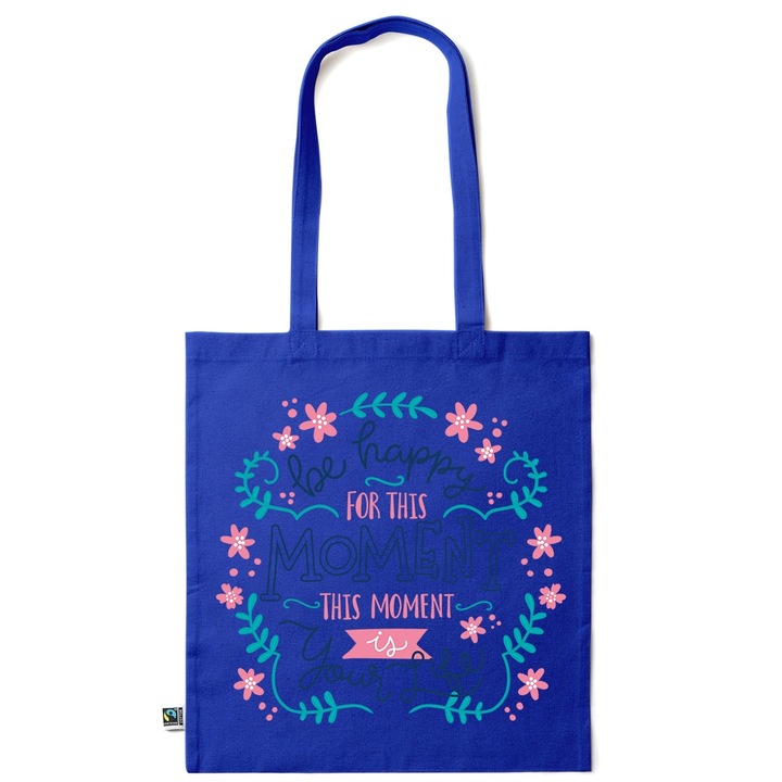 Intelli® Еко памучна пазарска чанта Sacosa с дълги дръжки, Be happy, 38×42см, Тъмносин, AB-KI120