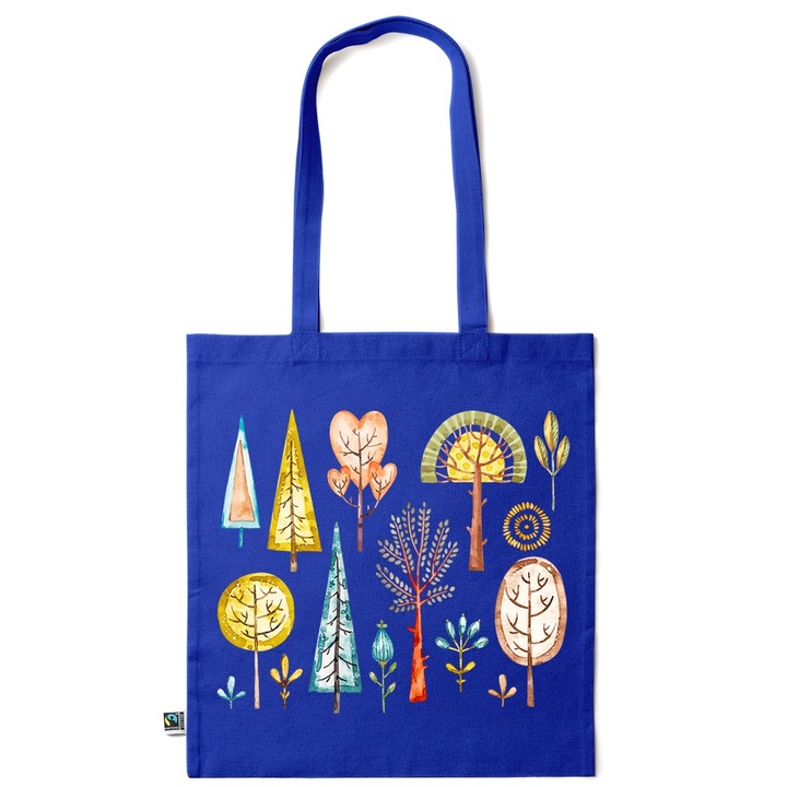 Intelli® Екологична памучна пазарска чанта Sacosa с дълги дръжки, Минималистични дървета, 38×42 см, Тъмносин, AB-KI133