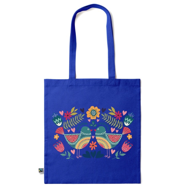 Intelli® Sacosa памучна екологична чанта за пазаруване с дълги дръжки, Влюбени птици, 38×42см, Тъмносиня, AB-KI144