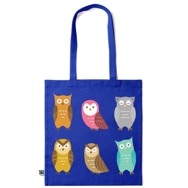 Intelli® Екологична памучна пазарска чанта Sacosa с дълги дръжки, Бухали, 38×42 см, Тъмносин, AB-KI158