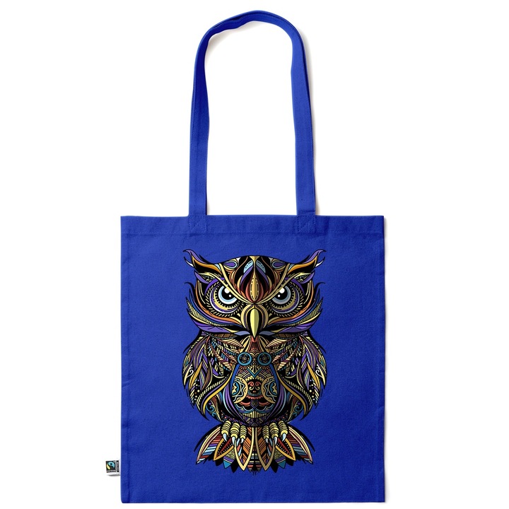 Intelli® Екологична памучна пазарска чанта Sacosa с дълги дръжки, Бухал, 38×42см, Тъмносин, AB-KI157