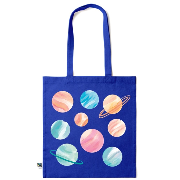 Intelli® Екологична памучна пазарска чанта Sacosa с дълги дръжки, Планети, 38×42см, Тъмносиня, AB-KI170