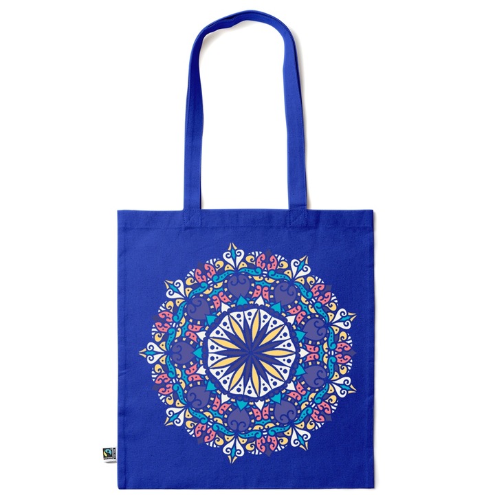 Intelli® Екологична памучна пазарска чанта Sacosa с дълги дръжки, Мандала, 38×42см, Тъмносиня, AB-KI147