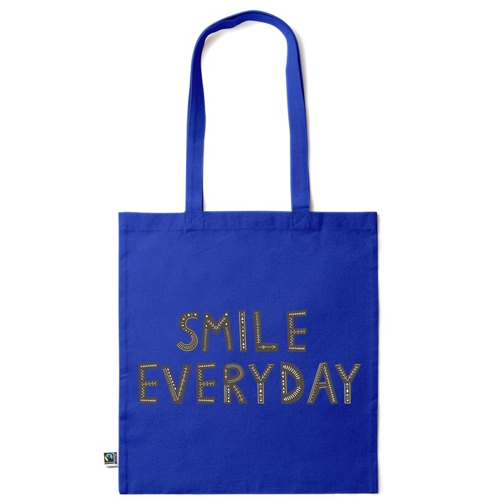 Intelli® Еко памучна пазарска чанта Sacosa с дълги дръжки, Smile Everyday, 38×42см, Тъмносин, AB-KI148