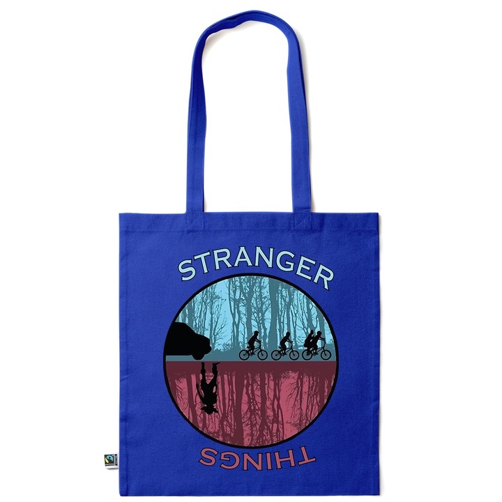 Intelli® Екологична памучна пазарска чанта Sacosa с дълги дръжки, Stranger Things, 38×42см, Тъмносин, AB-KI182