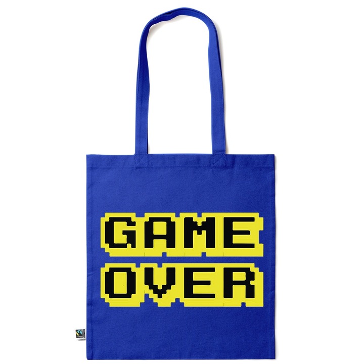 Intelli® Еко пазарска чанта от памук Sacosa с дълги дръжки, Game Over, 38×42см, Тъмносин, AB-KI176