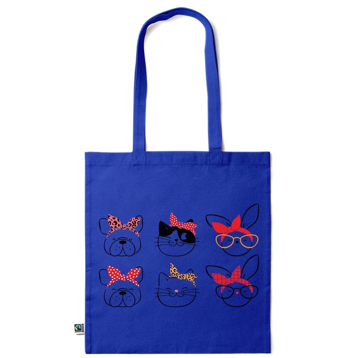 Intelli® Еко пазарска чанта от памук Sacosa с дълги дръжки, Булдог - Котка - Зайче, 38×42см, Тъмносин, AB-KI198