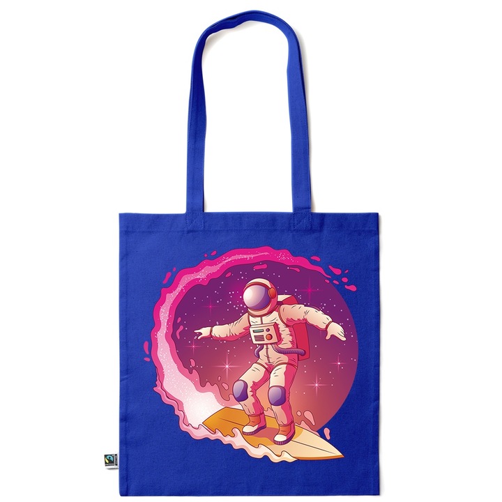 Intelli® Памучна екологична пазарска чанта Sacosa с дълги дръжки, Сърфиращ астронавт, 38×42см, Тъмносин, AB-KI207