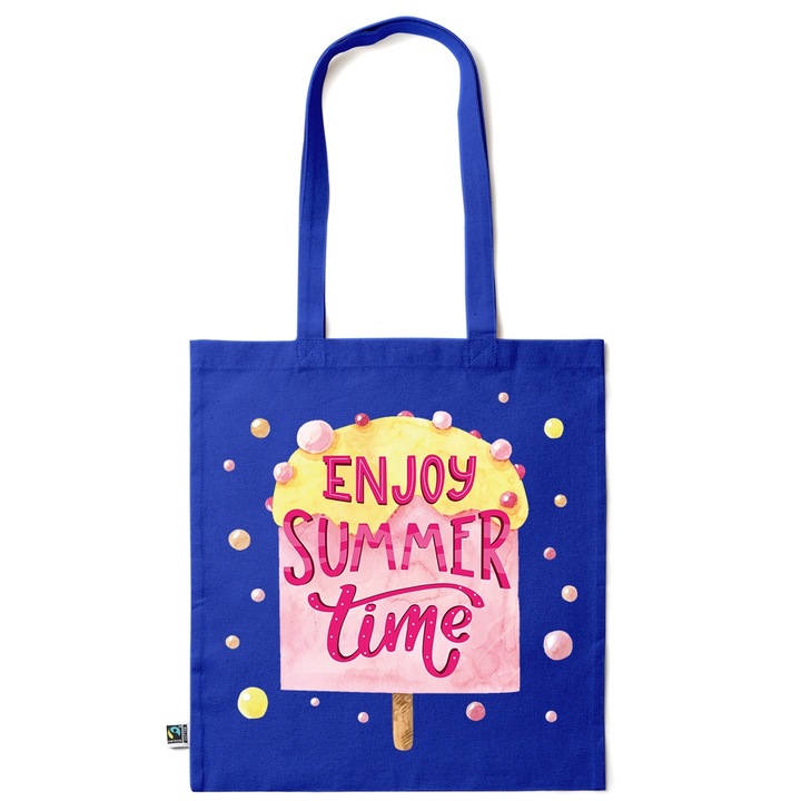 Intelli® Sacosa bumbac Eco-friendly pentru cumparaturi cu manere lungi, Enjoy Summer, 38×42cm, Albastru inchis, AB-KI206