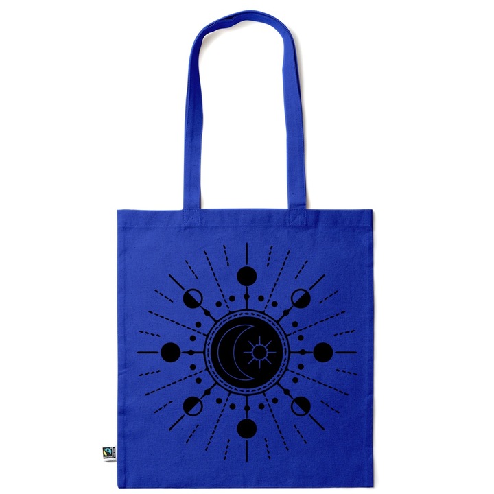 Intelli® Еко памучна пазарска чанта Sacosa с дълги дръжки, Луна и Слънце, 38×42см, Тъмносиня, AB-KI193