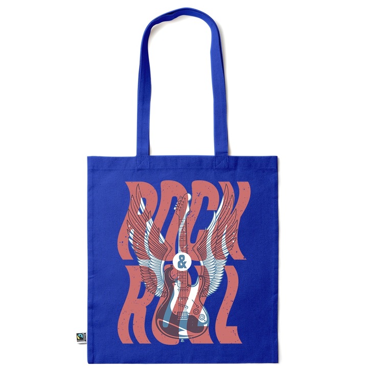 Intelli® Екологична памучна пазарска чанта Sacosa с дълги дръжки, Rock 'n' Roll, 38×42см, Тъмносин, AB-KI215