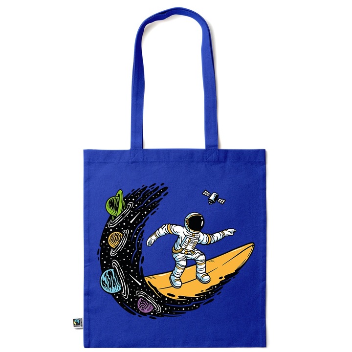 Intelli® Екологична памучна пазарска чанта Sacosa с дълги дръжки, Сърфиращ астронавт, 38×42см, Тъмносин, AB-KI210