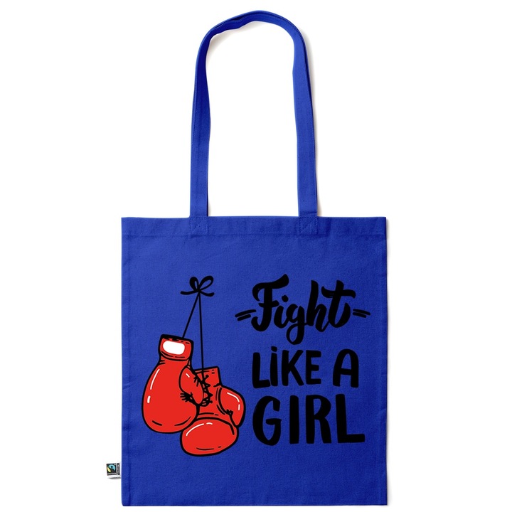 Intelli® Sacosa памучна Еко-приятелска чанта за пазаруване с дълги дръжки, Fight Like a Girl, 38×42см, Тъмносин, AB-KI222
