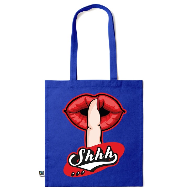 Intelli® Екологична памучна пазарска чанта Sacosa с дълги дръжки, Lips - Shhh, 38×42cm, Тъмносин, AB-KI219