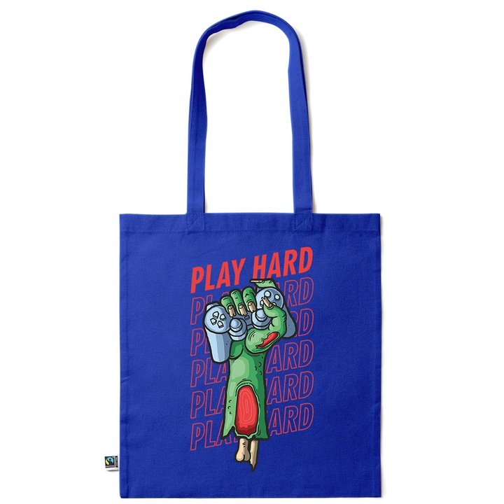 Intelli® Екологична памучна пазарска чанта Sacosa с дълги дръжки, Play Hard, 38×42cm, Тъмносин, AB-KI218