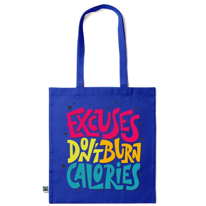 Intelli® Памучна еко чанта за пазаруване с дълги дръжки, Excuses don`t burn calories, 38×42cm, Тъмносин, AB-KI240