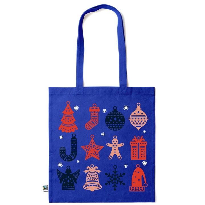 Intelli® Еко-приятелска памучна чанта за пазаруване Sacosa с дълги дръжки, Winter Ornaments, 38×42cm, Тъмносин, AB-KI256