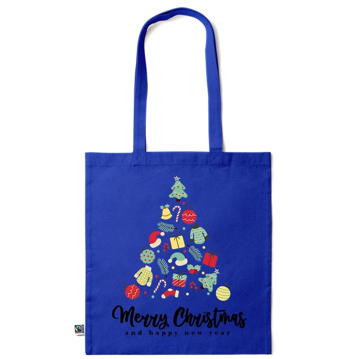 Intelli® Sacosa памучна екологична чанта за пазаруване с дълги дръжки, Весела Коледа, 38×42см, Тъмносин, AB-KI257