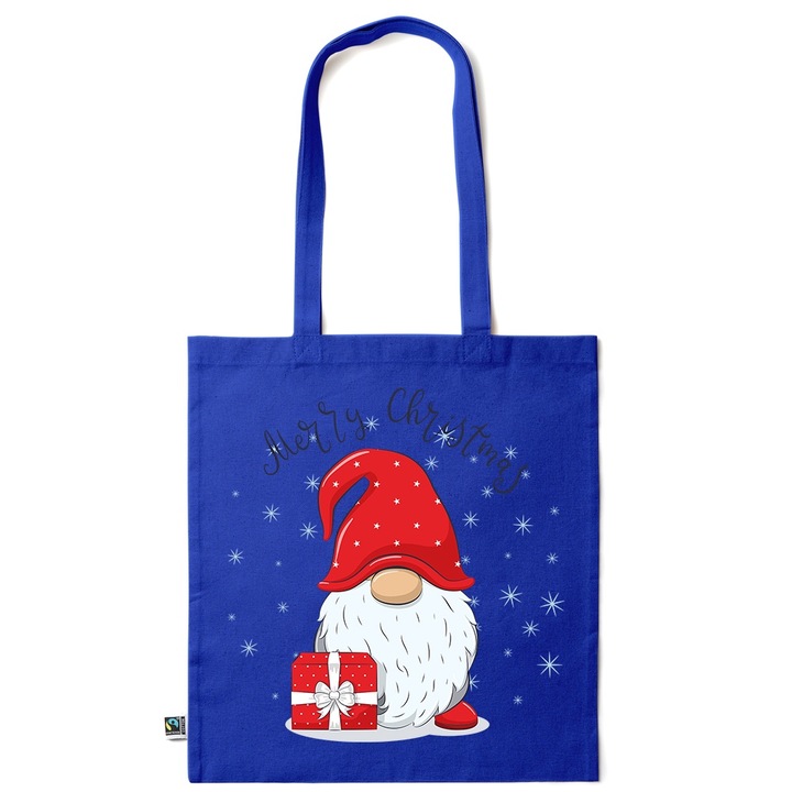 Intelli® Еко-приятелска памучна чанта за пазаруване Sacosa с дълги дръжки, Коледно джудже, 38×42см, Тъмносин, AB-KI263