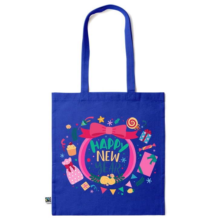 Intelli® Екологична памучна пазарска чанта Sacosa с дълги дръжки, Happy New Year, 38×42см, Тъмносин, AB-KI272