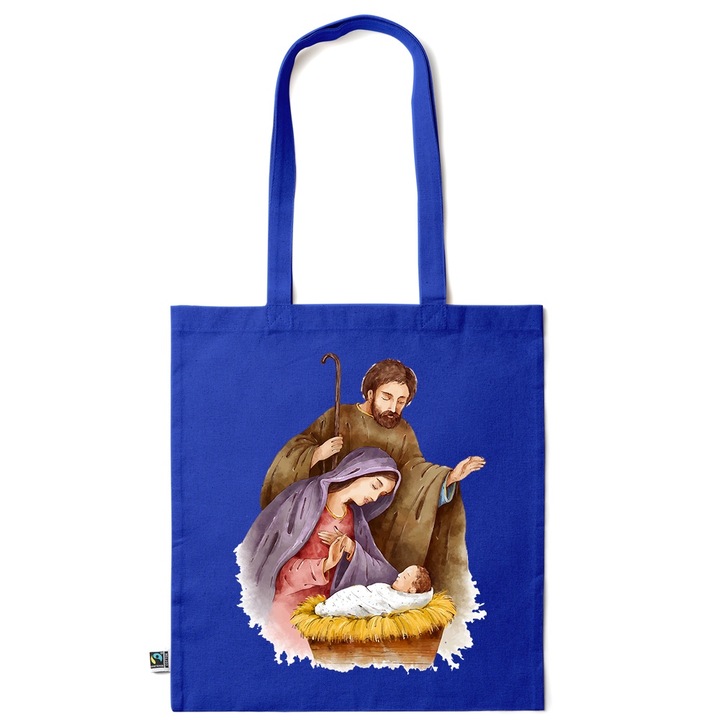 Intelli® Еко чанта за пазаруване от памук Sacosa с дълги дръжки, Свето семейство, 38×42 см, Тъмносин, AB-KI287