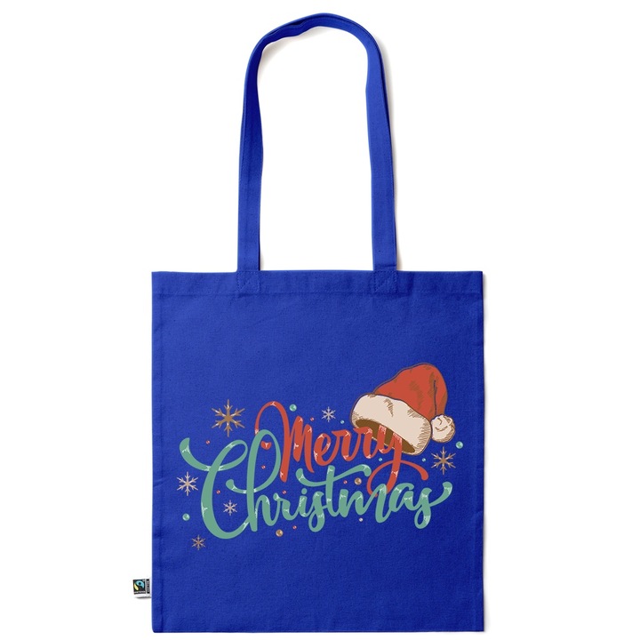 Intelli® Памучна екологична пазарска чанта Sacosa с дълги дръжки, Весела Коледа, 38×42см, Тъмносиня, AB-KI284